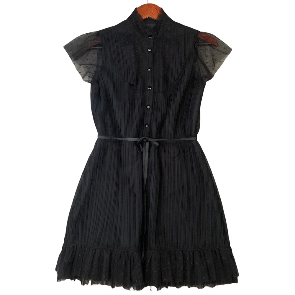 Anna Sui Black Sheer Flare Polka Dot Short Sleeve Button Down Mini Dress Size S